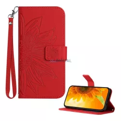   Tok álló, bőr hatású (FLIP, oldalra nyíló, asztali tartó, bankkártya tartó + kézpánt, napraforgó minta) PIROS T Phone 3 5G