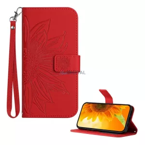 Tok álló, bőr hatású (FLIP, oldalra nyíló, asztali tartó, bankkártya tartó + kézpánt, napraforgó minta) PIROS T Phone 3 5G