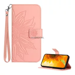   Tok álló, bőr hatású (FLIP, oldalra nyíló, asztali tartó, bankkártya tartó + kézpánt, napraforgó minta) RÓZSASZÍN T Phone 3 5G