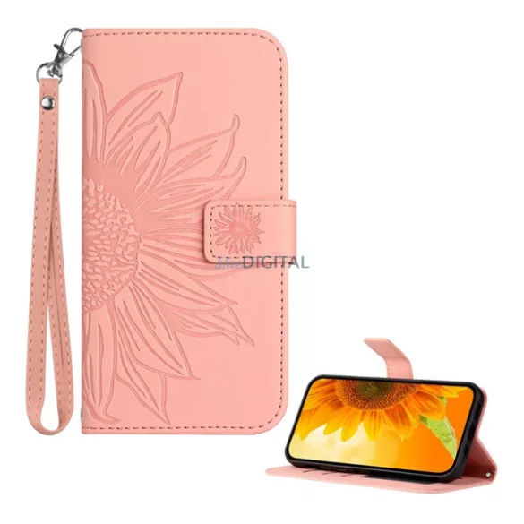 Tok álló, bőr hatású (FLIP, oldalra nyíló, asztali tartó, bankkártya tartó + kézpánt, napraforgó minta) RÓZSASZÍN T Phone 3 5G