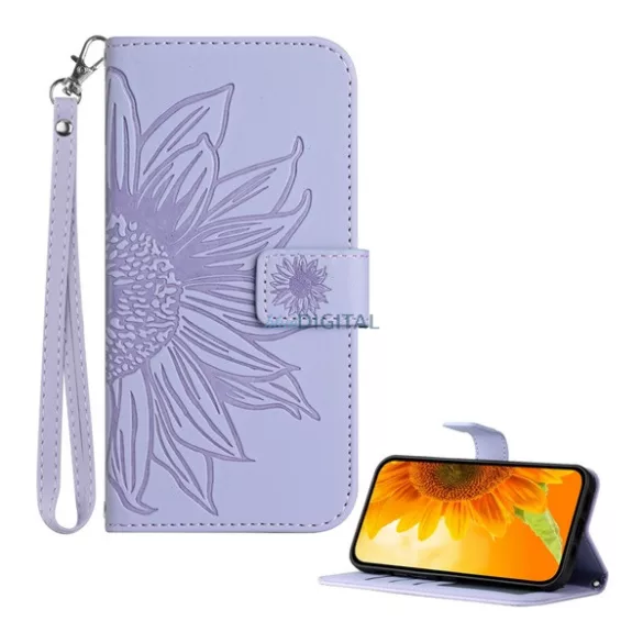 Tok álló, bőr hatású (FLIP, oldalra nyíló, asztali tartó, bankkártya tartó + kézpánt, napraforgó minta) VILÁGOSLILA T Phone 3 5G