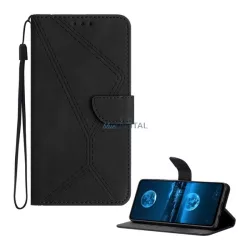   Tok álló, bőr hatású (FLIP, oldalra nyíló, asztali tartó, bankkártya tartó, varrás minta + kézpánt) FEKETE T Phone 3 5G