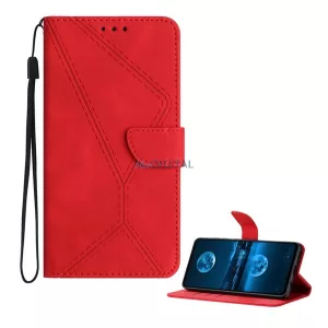 Tok álló, bőr hatású (FLIP, oldalra nyíló, asztali tartó, bankkártya tartó, varrás minta + kézpánt) PIROS T Phone 3 5G