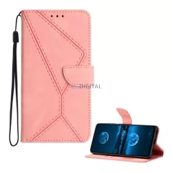  Tok álló, bőr hatású (FLIP, oldalra nyíló, asztali tartó, bankkártya tartó, varrás minta + kézpánt) RÓZSASZÍN T Phone 3 5G