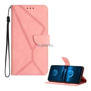 Tok álló, bőr hatású (FLIP, oldalra nyíló, asztali tartó, bankkártya tartó, varrás minta + kézpánt) RÓZSASZÍN T Phone 3 5G
