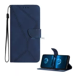   Tok álló, bőr hatású (FLIP, oldalra nyíló, asztali tartó, bankkártya tartó, varrás minta + kézpánt) SÖTÉTKÉK T Phone 3 5G