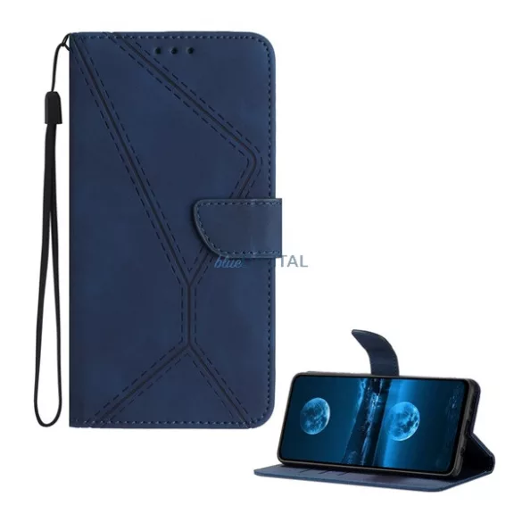 Tok álló, bőr hatású (FLIP, oldalra nyíló, asztali tartó, bankkártya tartó, varrás minta + kézpánt) SÖTÉTKÉK T Phone 3 5G