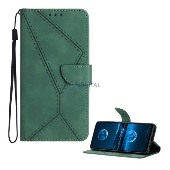 Tok álló, bőr hatású (FLIP, oldalra nyíló, asztali tartó, bankkártya tartó, varrás minta + kézpánt) SÖTÉTZÖLD T Phone 3 5G