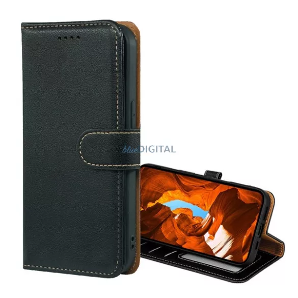 Tok álló, bőr hatású (FLIP, oldalra nyíló, asztali tartó, RFID, mágneses csat, prémium) FEKETE T Phone 3 5G