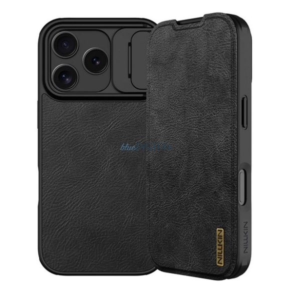 NILLKIN QIN PRO tok álló, bőr hatású (FLIP, oldalra nyíló, kártyazseb, kameravédő) FEKETE Apple iPhone 17 Pro