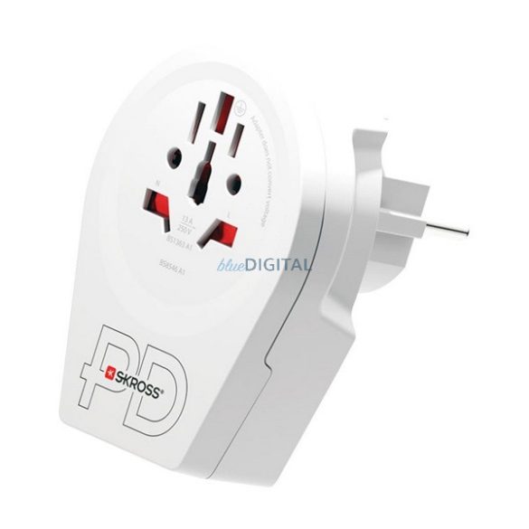 SKROSS utazó töltő USB+Type-C aljzat (250V/2.4A, 20W, EU2 pin - AUS/CH, UK, USA/JPN, CHE, IT, BRA, földelt) FEHÉR