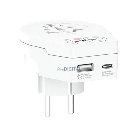 SKROSS utazó töltő USB+Type-C aljzat (250V/2.4A, 20W, EU2 pin - AUS/CH, UK, USA/JPN, CHE, IT, BRA, földelt) FEHÉR