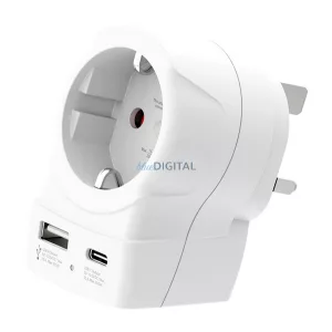 SKROSS utazó töltő USB+Type-C aljzat (250V/2.5A, 20W, gyorstöltő, EU2 pin - UK, földelt) FEHÉR