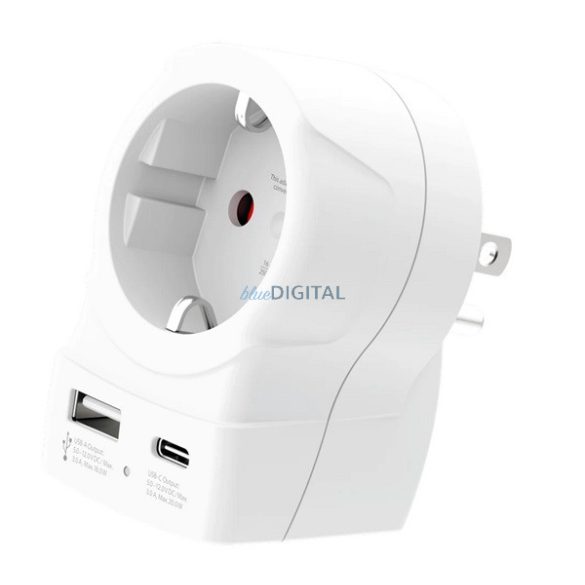 SKROSS utazó töltő USB+Type-C aljzat (250V/2.5A, 20W, gyorstöltő, EU2 pin - USA, földelt) FEHÉR