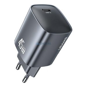 USAMS T66 hálózati töltő Type-C aljzat (45W, GaN, PD gyorstöltő) SÖTÉTSZÜRKE