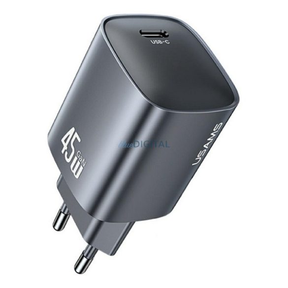 USAMS T66 hálózati töltő Type-C aljzat (45W, GaN, PD gyorstöltő) SÖTÉTSZÜRKE