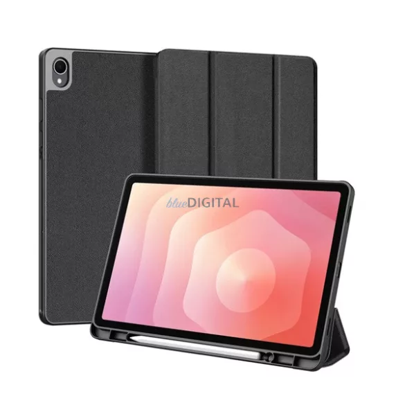 DUX DUCIS DOMO tok álló, bőr hatású (aktív FLIP, oldalra nyíló, TRIFOLD, asztali tartó, ceruza tartó) FEKETE Samsung Galaxy Tab S11 5G (SM-X736B), Galaxy Tab S11 WIFI (SM-X730)
