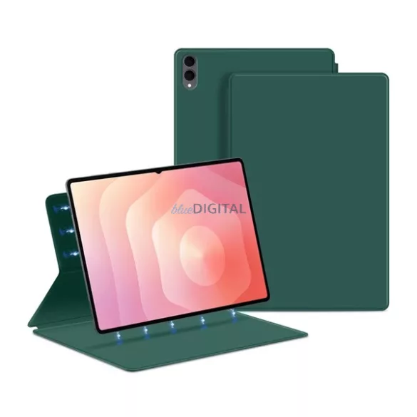Tok álló, bőr hatású (aktív FLIP, mágneses, oldalra nyíló, asztali tartó) SÖTÉTZÖLD Samsung Galaxy Tab S11 Ultra 5G (SM-X936B), Galaxy Tab S11 Ultra WIFI (SM-X930)