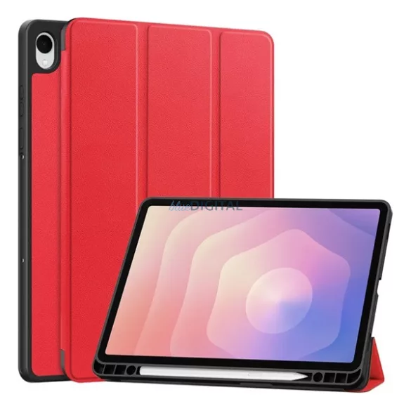 Tok álló, bőr hatású (aktív FLIP, oldalra nyíló, TRIFOLD, asztali tartó, ceruza tartó) PIROS Samsung Galaxy Tab S11 5G (SM-X736B), Galaxy Tab S11 WIFI (SM-X730)