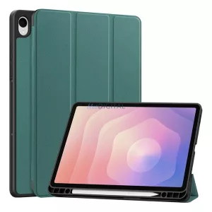 Tok álló, bőr hatású (aktív FLIP, oldalra nyíló, TRIFOLD, asztali tartó, ceruza tartó) SÖTÉTZÖLD Samsung Galaxy Tab S11 5G (SM-X736B), Galaxy Tab S11 WIFI (SM-X730)