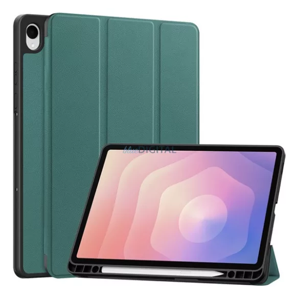Tok álló, bőr hatású (aktív FLIP, oldalra nyíló, TRIFOLD, asztali tartó, ceruza tartó) SÖTÉTZÖLD Samsung Galaxy Tab S11 5G (SM-X736B), Galaxy Tab S11 WIFI (SM-X730)