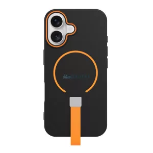 Szilikon telefonvédő (mikrofiber plüss belső, kameravédő, ujjra húzható pánt, MagSafe) FEKETE Apple iPhone 12, iPhone 12 Pro