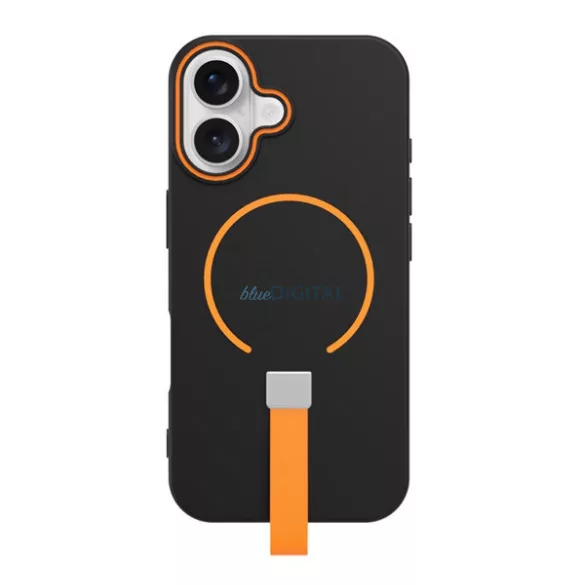 Szilikon telefonvédő (mikrofiber plüss belső, kameravédő, ujjra húzható pánt, MagSafe) FEKETE Apple iPhone 14 Pro