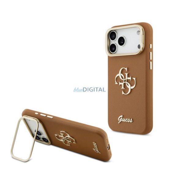 GUESS GRAINED BIG 4G & STAND CAMERA szilikon telefonvédő (műanyag hátlap, ECO bőr hatású hátlap, kitámasztó) BARNA Apple iPhone 17 Pro Max