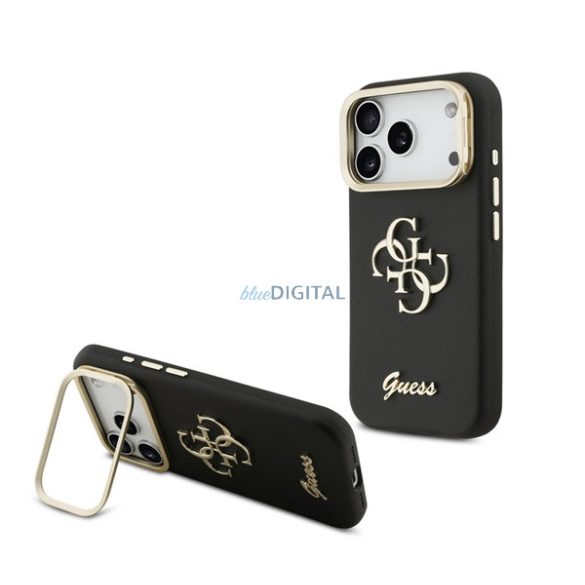 GUESS GRAINED BIG 4G & STAND CAMERA szilikon telefonvédő (műanyag hátlap, ECO bőr hatású hátlap, kitámasztó) FEKETE Apple iPhone 17 Pro Max