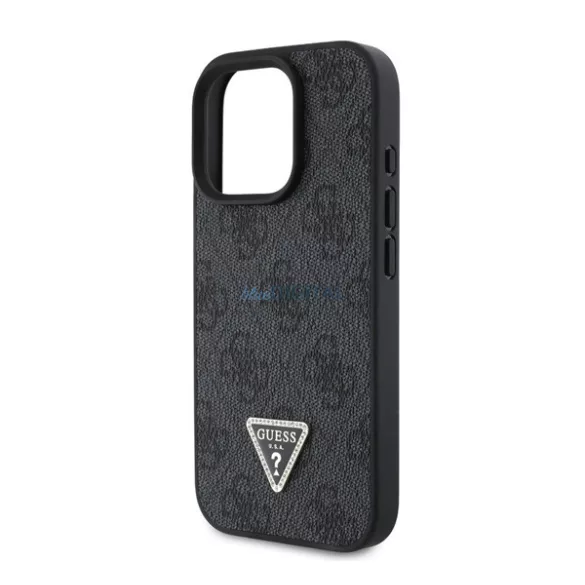 GUESS PU 4G STRASS TRIANGLE METAL LOGO műanyag telefonvédő (ütésállóság, bőr hatású hátlap) FEKETE Apple iPhone 16 Pro Max