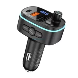   HOCO E62 bluetooth FM transmitter autós töltő 2 USB+Type-C aljzat (v5.0, 20W, PD gyorstöltő, LED kijelző) FEKETE