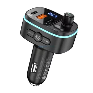 HOCO E62 bluetooth FM transmitter autós töltő 2 USB+Type-C aljzat (v5.0, 20W, PD gyorstöltő, LED kijelző) FEKETE