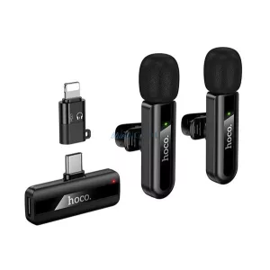 HOCO L20A bluetooth mikrofon 2db (Type-C/Lightning, LAVALIER csíptethető, zajszűrő) FEKETE