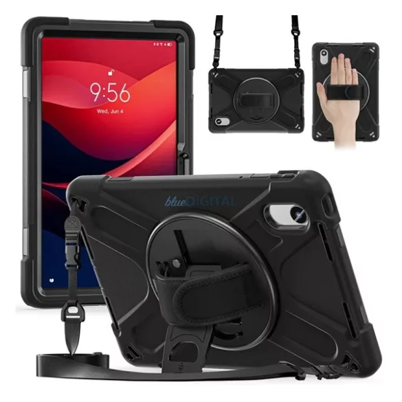 Defender műanyag telefonvédő (ütésállóság, kitámasztó, 360° + kézpánt, vállpánt) FEKETE Lenovo Idea Tab (TB336FU), Idea Tab (TB336ZU) 5G