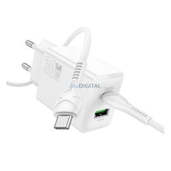   HOCO N71 hálózati töltő USB+Type-C aljzat (30W, PD gyorstöltő 3.0 + Type-C kábel) FEHÉR
