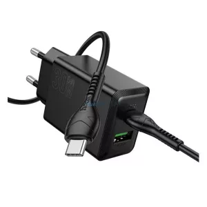 HOCO N71 hálózati töltő USB+Type-C aljzat (30W, PD gyorstöltő 3.0 + Type-C kábel) FEKETE