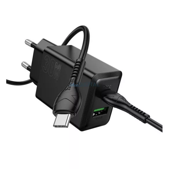 HOCO N71 hálózati töltő USB+Type-C aljzat (30W, PD gyorstöltő 3.0 + Type-C kábel) FEKETE