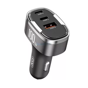 XO CC61 autós töltő USB+2 Type-C aljzat (100W, PD gyorstöltő + Lightning kábel) VILÁGOSSZÜRKE