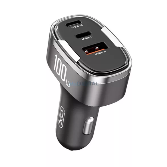 XO CC61 autós töltő USB+2 Type-C aljzat (100W, PD gyorstöltő + Lightning kábel) VILÁGOSSZÜRKE