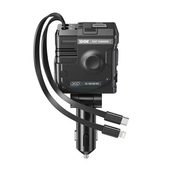 XO CC66 autós töltő USB+Type-C aljzat (104W, PD gyorstöltő + fix Type-C+Lightning kábel) FEKETE