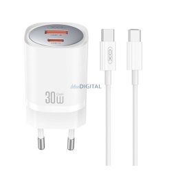   XO CE21 hálózati töltő USB+Type-C aljzat (30W, GaN, PD gyorstöltő + Type-C kábel) FEHÉR