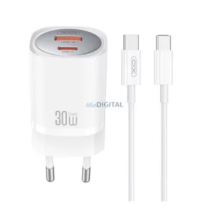 XO CE21 hálózati töltő USB+Type-C aljzat (30W, GaN, PD gyorstöltő + Type-C kábel) FEHÉR