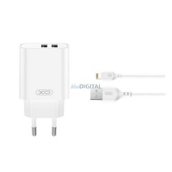   XO CE34 hálózati töltő 2 USB aljzat (2.4A, gyorstöltő + lightning kábel) FEHÉR