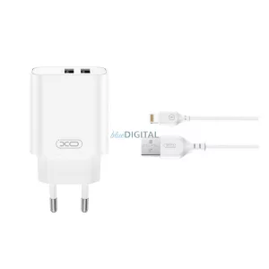 XO CE34 hálózati töltő 2 USB aljzat (2.4A, gyorstöltő + lightning kábel) FEHÉR