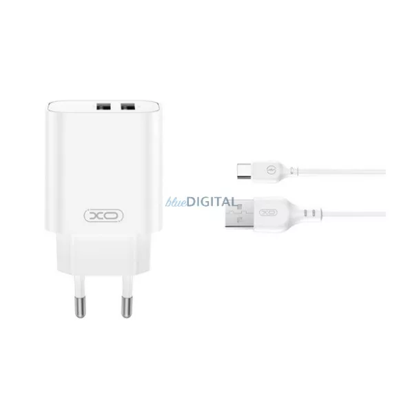 XO CE34 hálózati töltő 2 USB aljzat (2.4A, gyorstöltő + Type-C kábel) FEHÉR