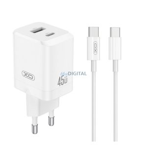 XO CE36 hálózati töltő USB+Type-C aljzat (45W, PD gyorstöltő 3.0 + Type-C kábel) FEHÉR