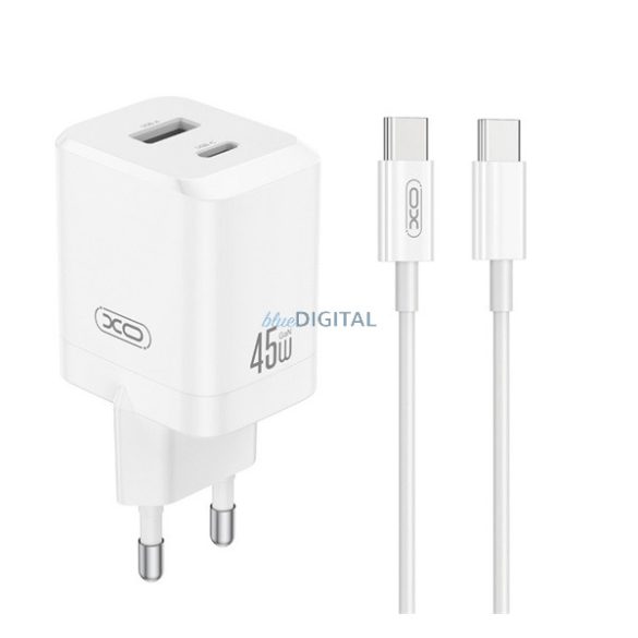XO CE36 hálózati töltő USB+Type-C aljzat (45W, PD gyorstöltő 3.0 + Type-C kábel) FEHÉR