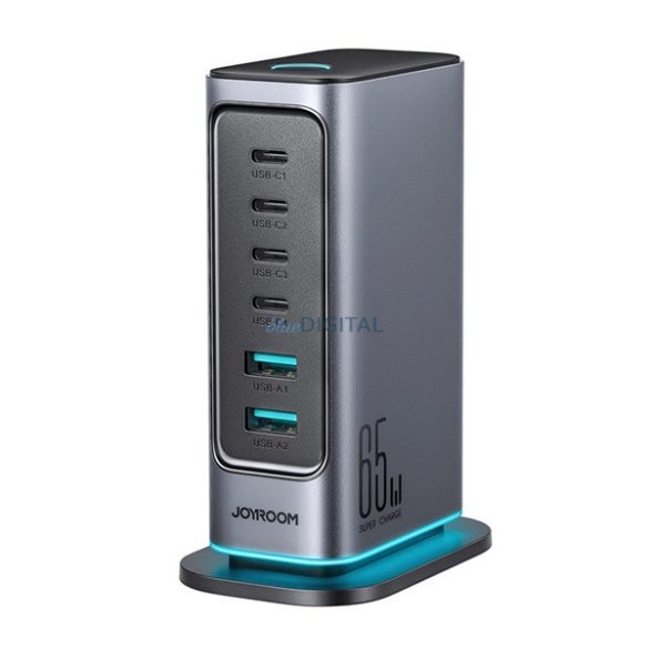 JOYROOM JR-TCM02 hálózati töltő 2 USB+4 Type-C aljzat (65W, GaN, PD gyorstöltő) SÖTÉTSZÜRKE