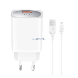   XO CE19 hálózati töltő USB aljzat (18W, PD gyorstöltő + lightning kábel) FEHÉR