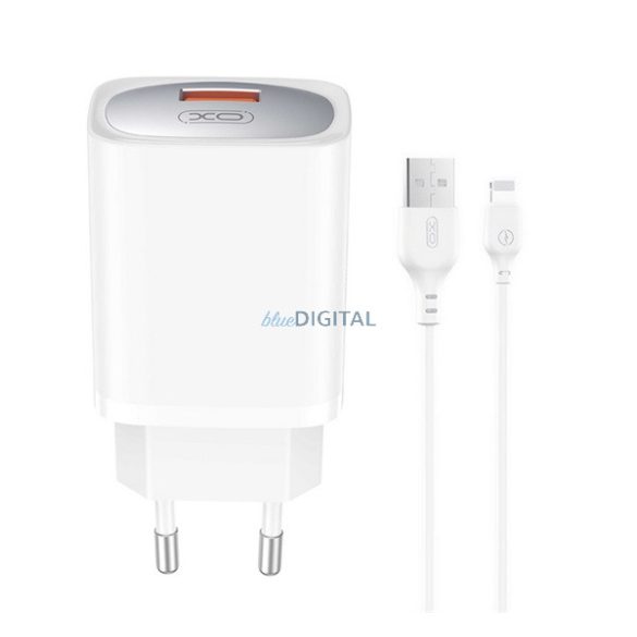 XO CE19 hálózati töltő USB aljzat (18W, PD gyorstöltő + lightning kábel) FEHÉR